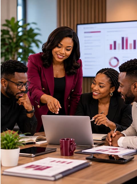 A team of professionals gathers around a laptop as a colleague in a burgundy blazer guides the discussion