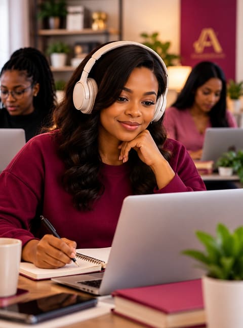 A smiling learner wearing headphones takes notes beside her laptop during a training session, with other learners working in the background